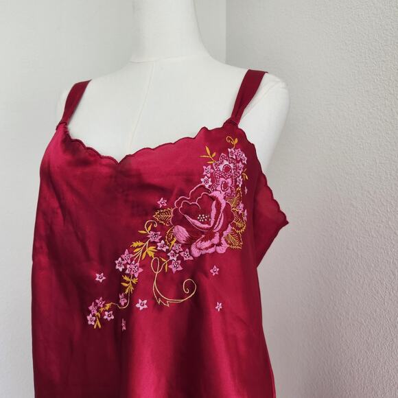 Vintage Y2K Morgan Taylor Intimates Red Satin Floral Embroidered Slip Dress XL - Picture 2 of 8